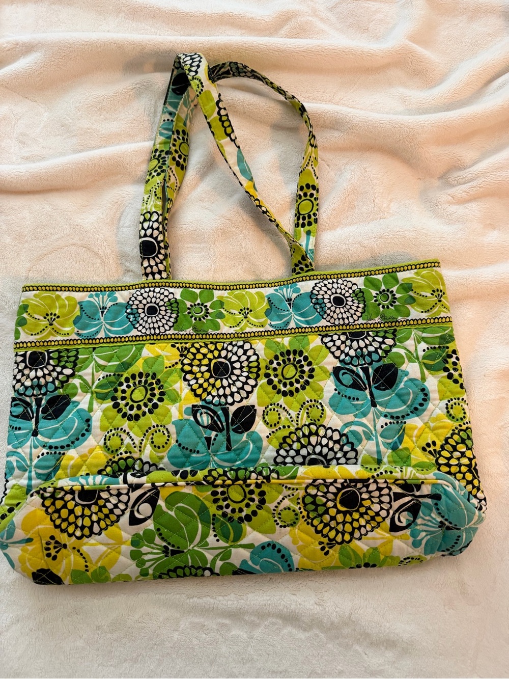 Vera Bradley Quilted Floral Tote in Lime Green and Teal